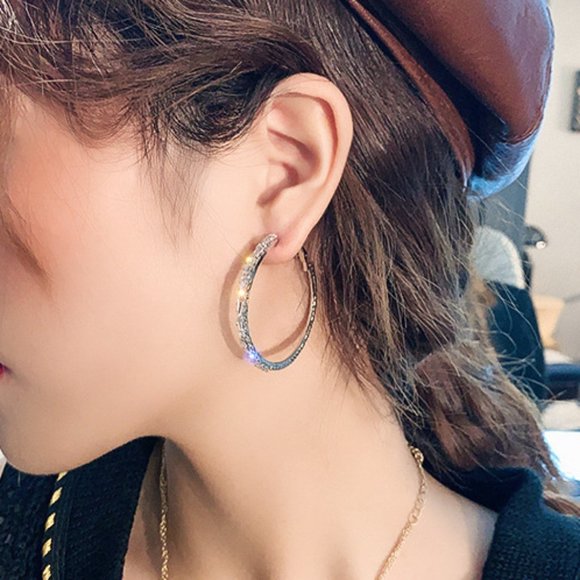 NEW 1.75'' 925 Silver Diamond Hoop Earrings - Picture 3 of 8